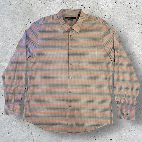 PERRY ELLIS Shirt Mens XL Button Up STRETCH Long Sleeve Checkered Red White Blue - Picture 1 of 13